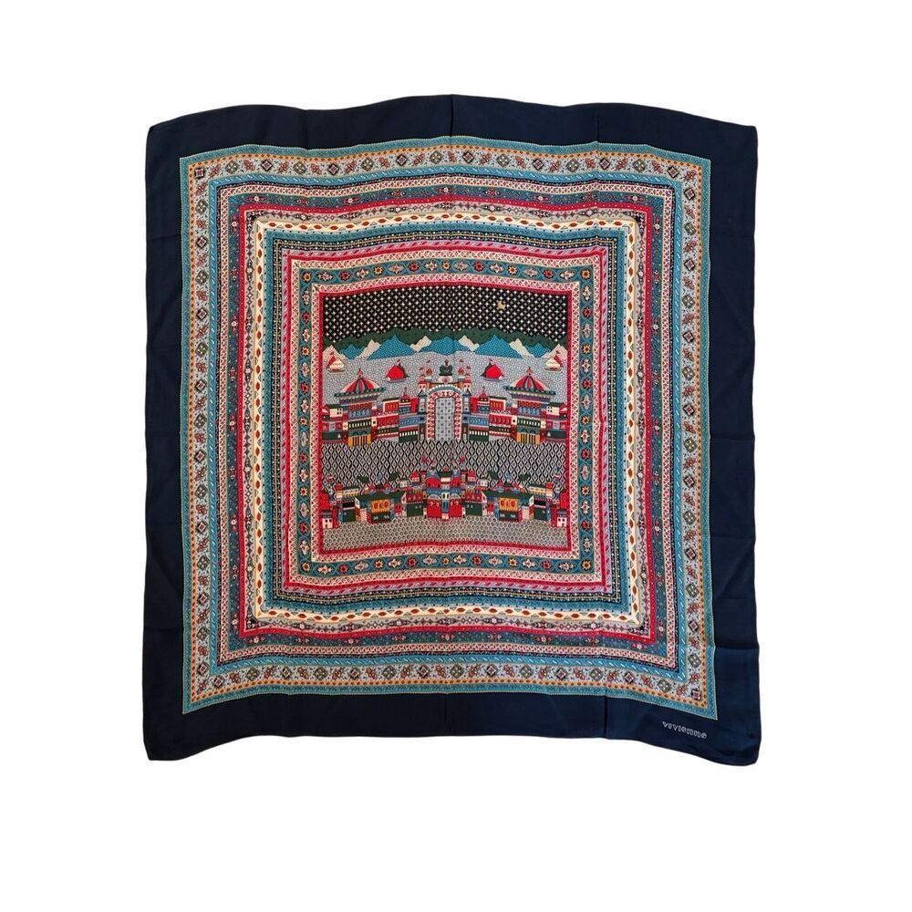 Vintage Vivienne Scenic Silk-Feel Scarf 34” x 34” Blue Cityscape Print Square